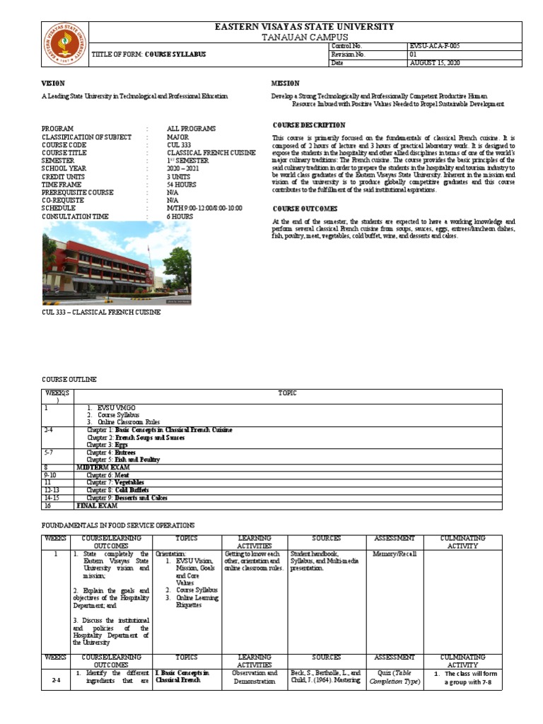 1st SEM Course Syllabus CUL 333 Classical French Cuisine PDF Entrée