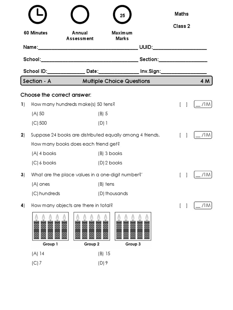 Class 2 Maths Assessment Questions | PDF | Numbers | Teaching Mathematics