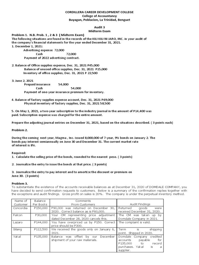 Audit Midterm Exam: Journal Entries & Calculations | PDF | Treasury ...