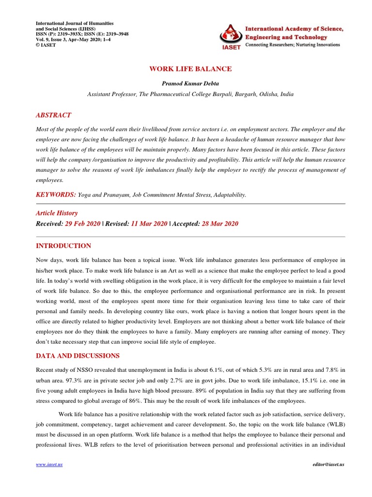 Work Life Balance: Received: - Revised: - Accepted | PDF | Stress ...