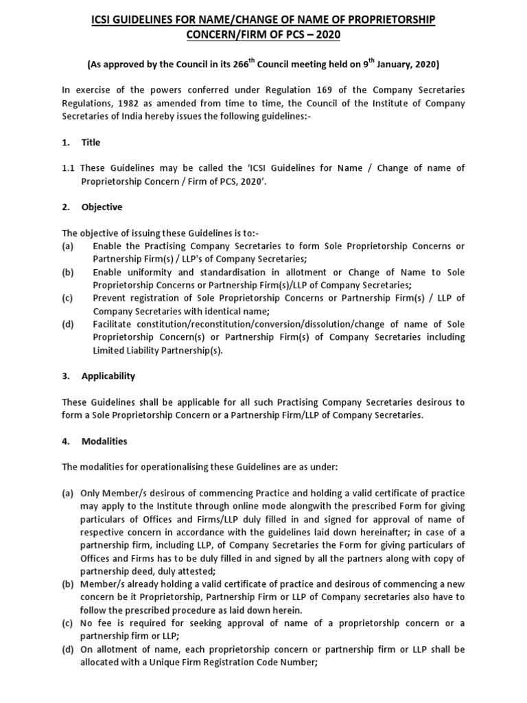 ICSI Guidelines Name Change Name ProprietorshipConcern Firm of PCS 2020 PDF Sole