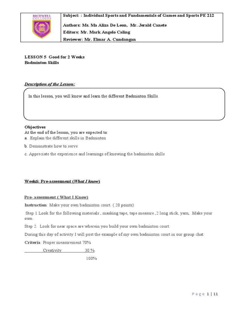Individual Sports Week 6 7 | PDF | Racquet Sports | Athletic Sports