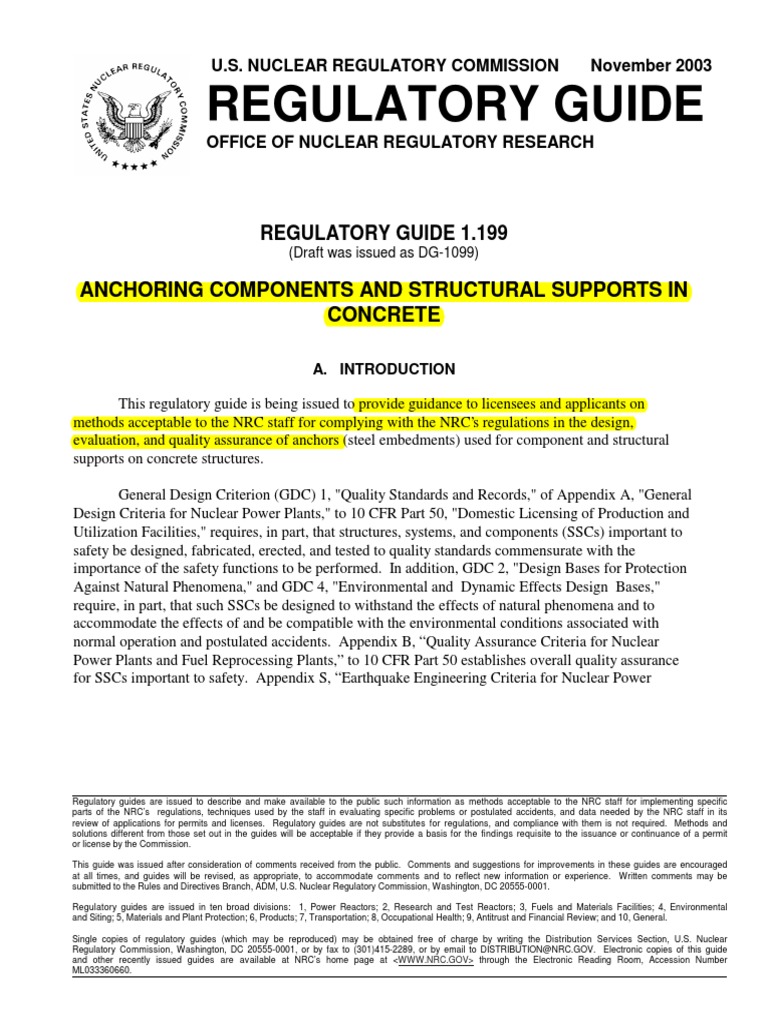 NRC Guide on Anchoring in Concrete | PDF | Nuclear Regulatory ...