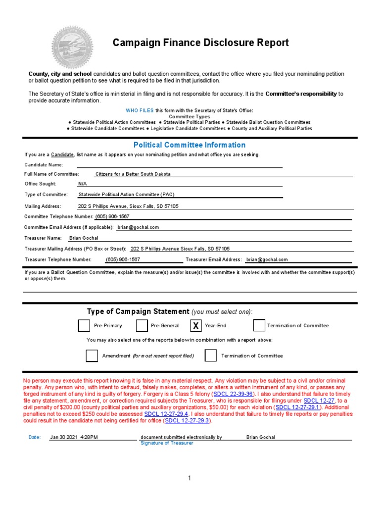 Citizens For A Better South Dakota Disclosure | PDF | Political Action ...