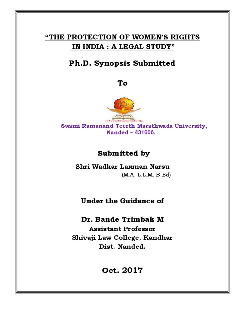 PHD Synopsis THE PROTECTION OF WOMEN'S RIGHTS IN INDIA A LEGAL STUDY PDF Woman Hypothesis
