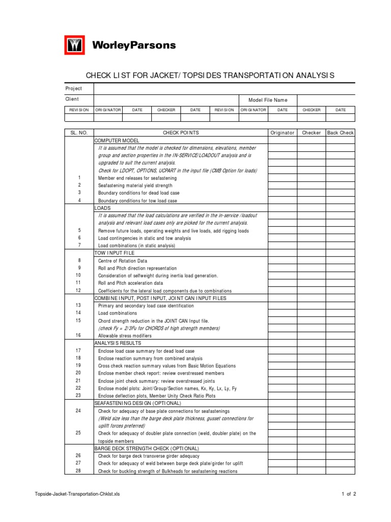 Check List For Jacket/Topsides Transportation Analysis | PDF ...
