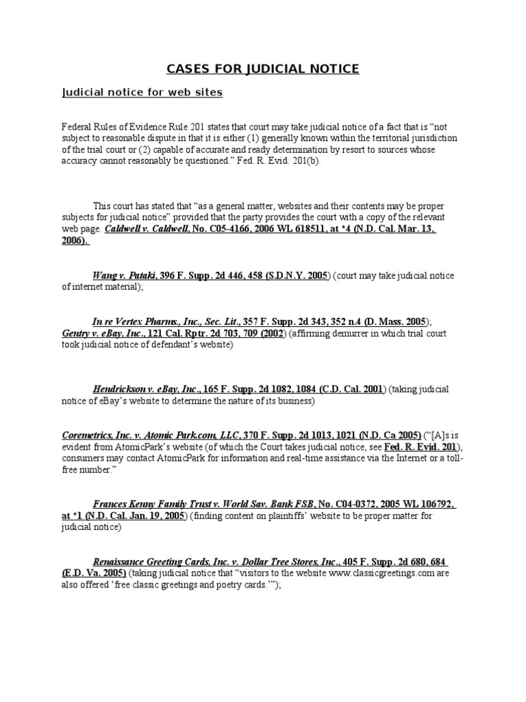 CASES FOR JUDICIAL NOTICE (1) Judicial Notice Judiciaries