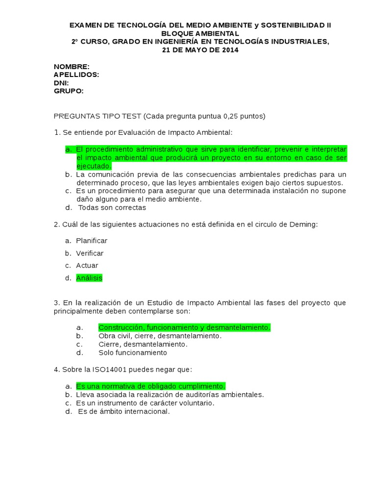 Examen de Ingeniería Ambiental II | PDF | Evaluación de impacto ...