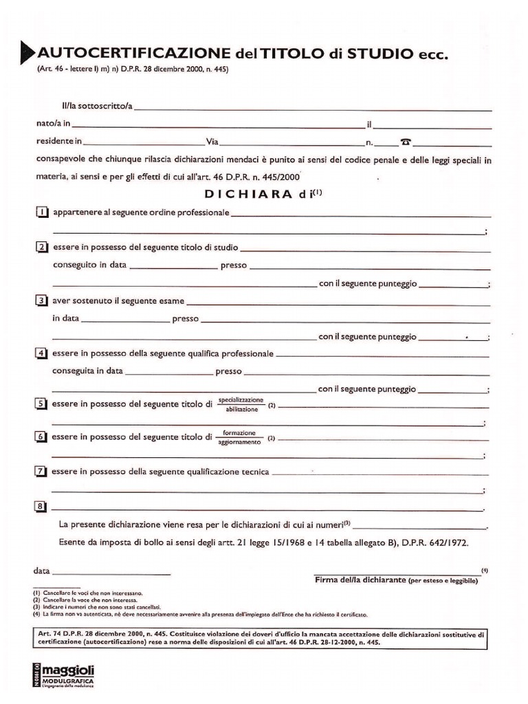 Autocertificazione Titolo Di Studio PDF