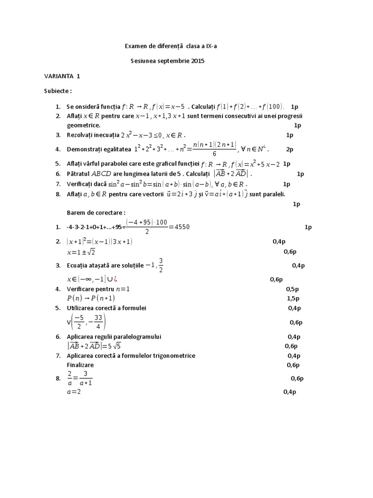 Examen de Diferenta Clasa A Ix Matematica PDF