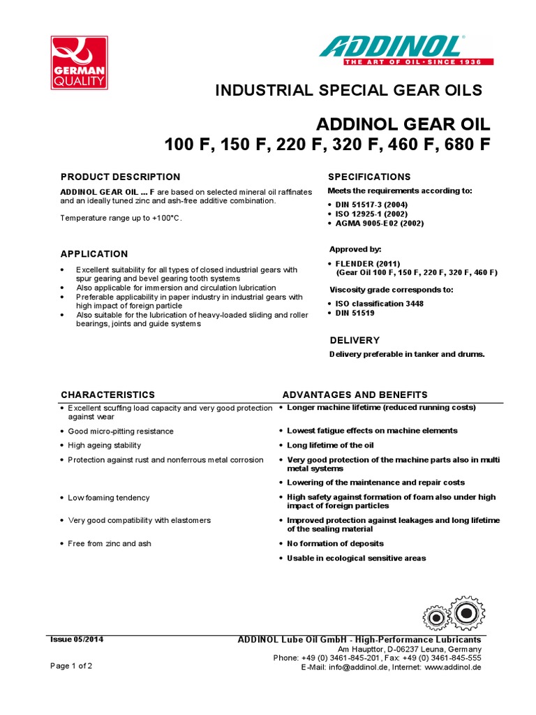 Industrial Special Gear Oils Product Specifications and Performance
