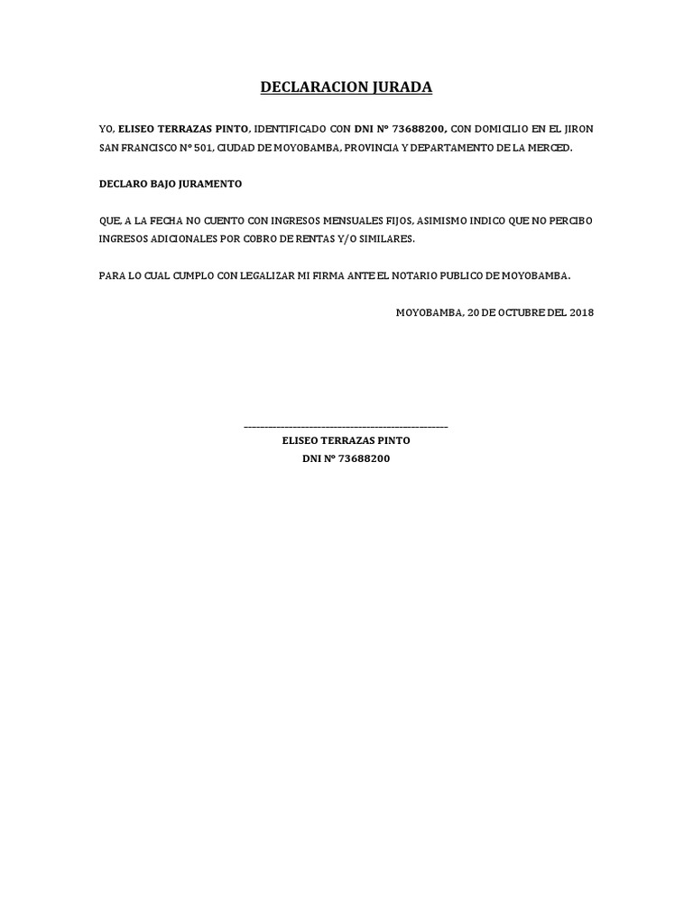Declaración Jurada de No Ingresos | PDF | Derecho