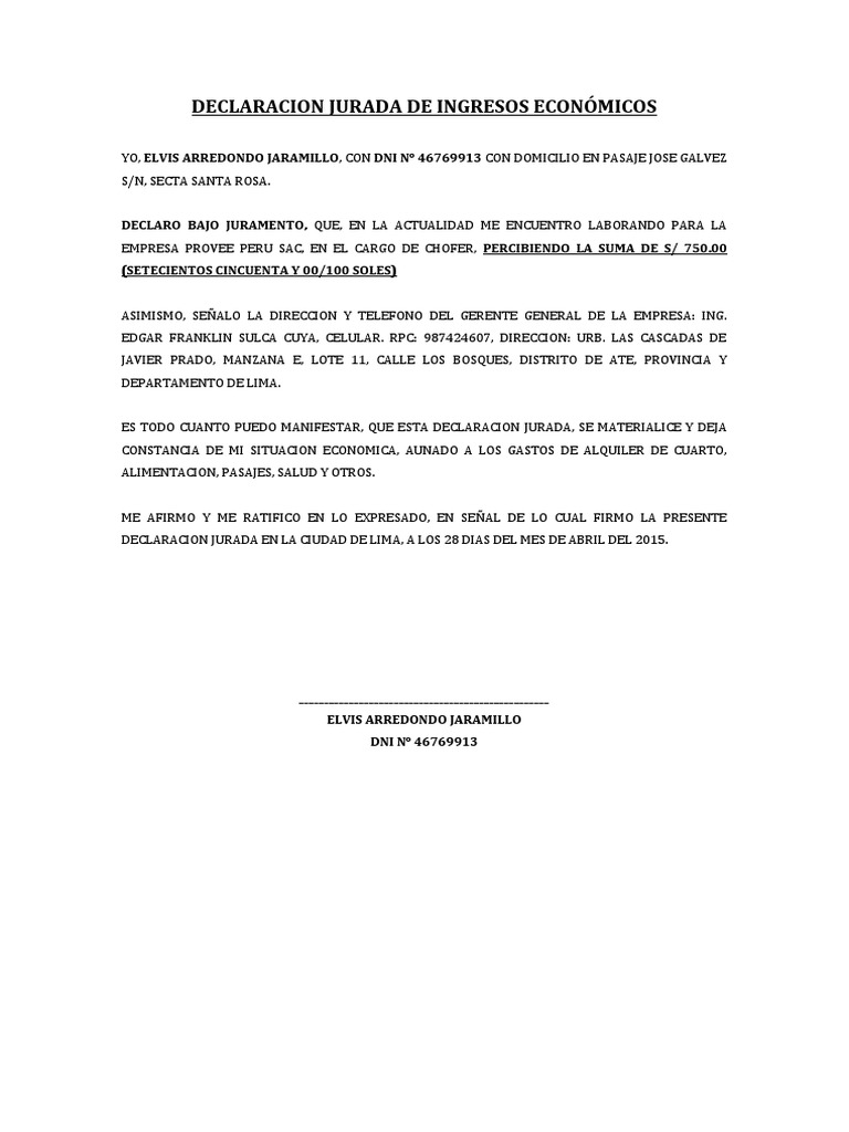 Declaracion Jurada de Ingresos | PDF
