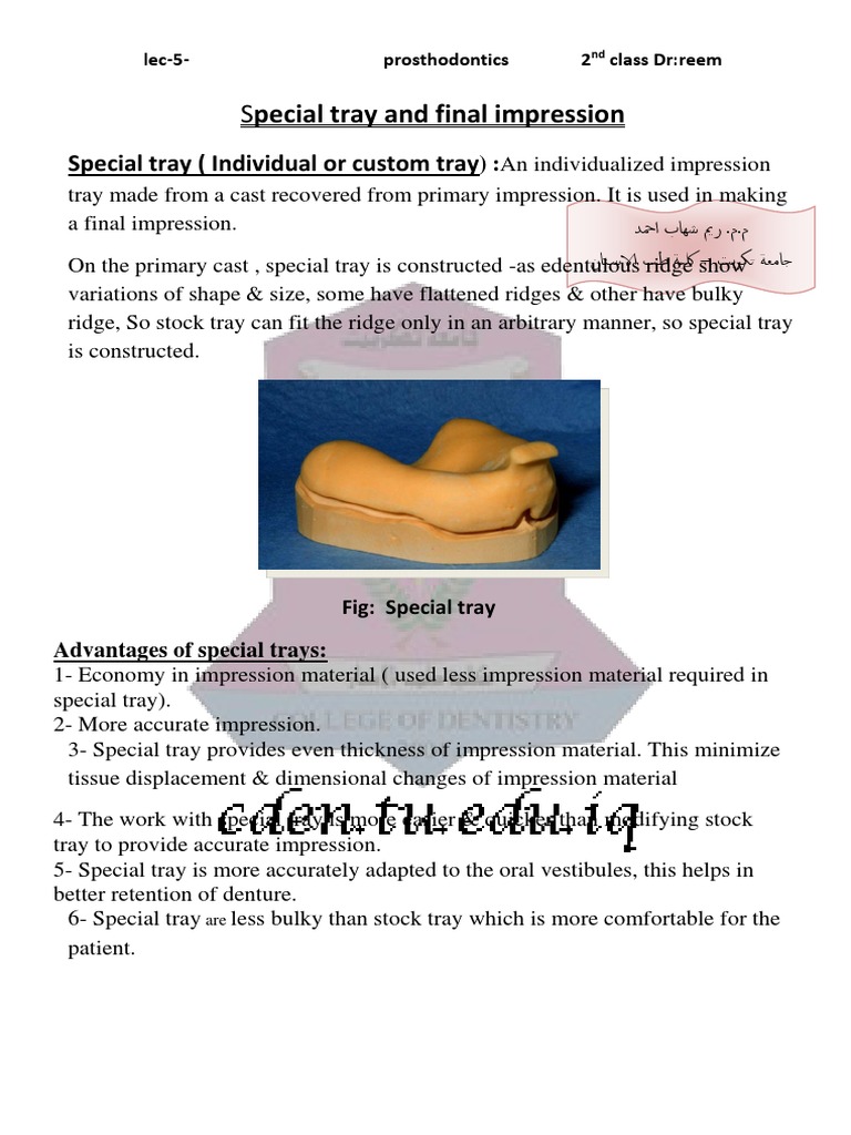 Pecial Tray and Final Impression Special Tray (Individual or Custom Tray PDF Dentistry