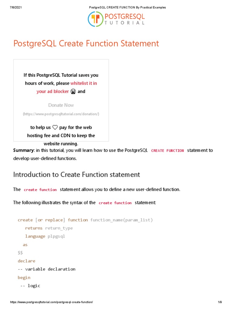 PostgreSQL CREATE FUNCTION by Practical Examples | PDF | Parameter ...
