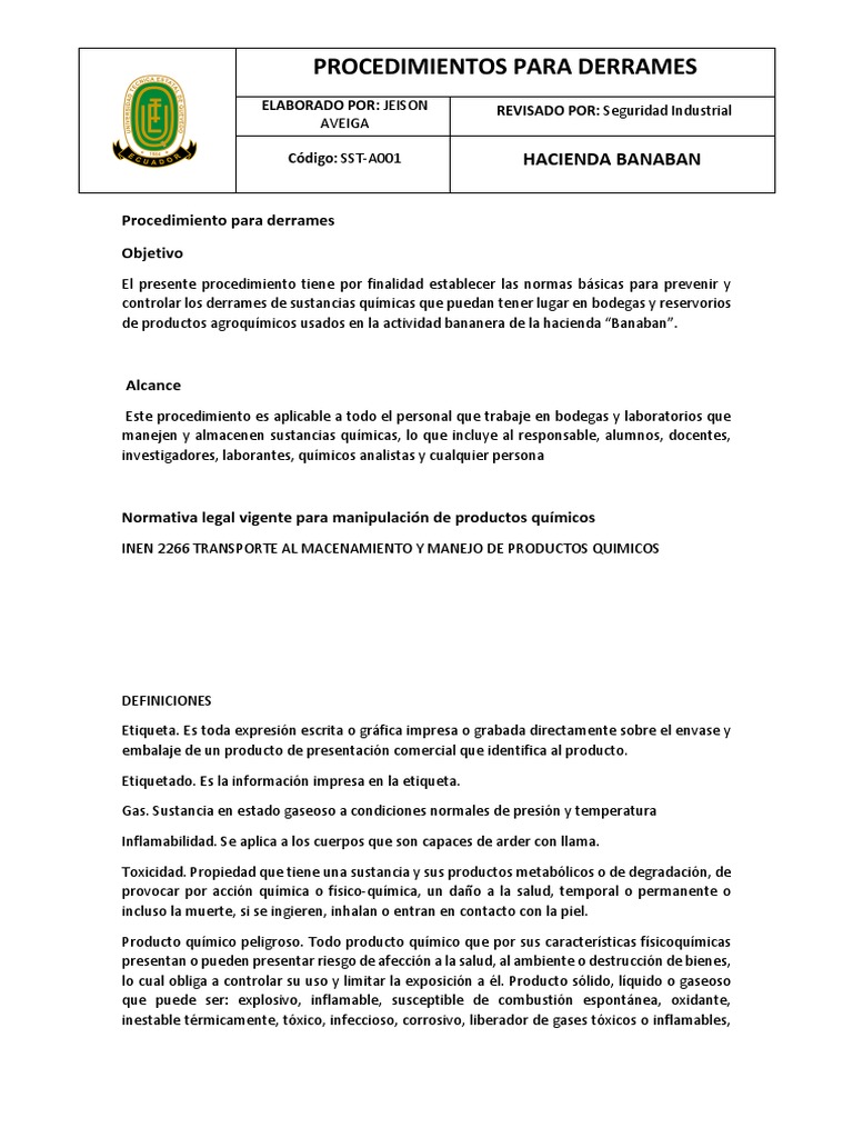 Procedimiento de Control de Derrames Químicos | PDF | Mercancías ...