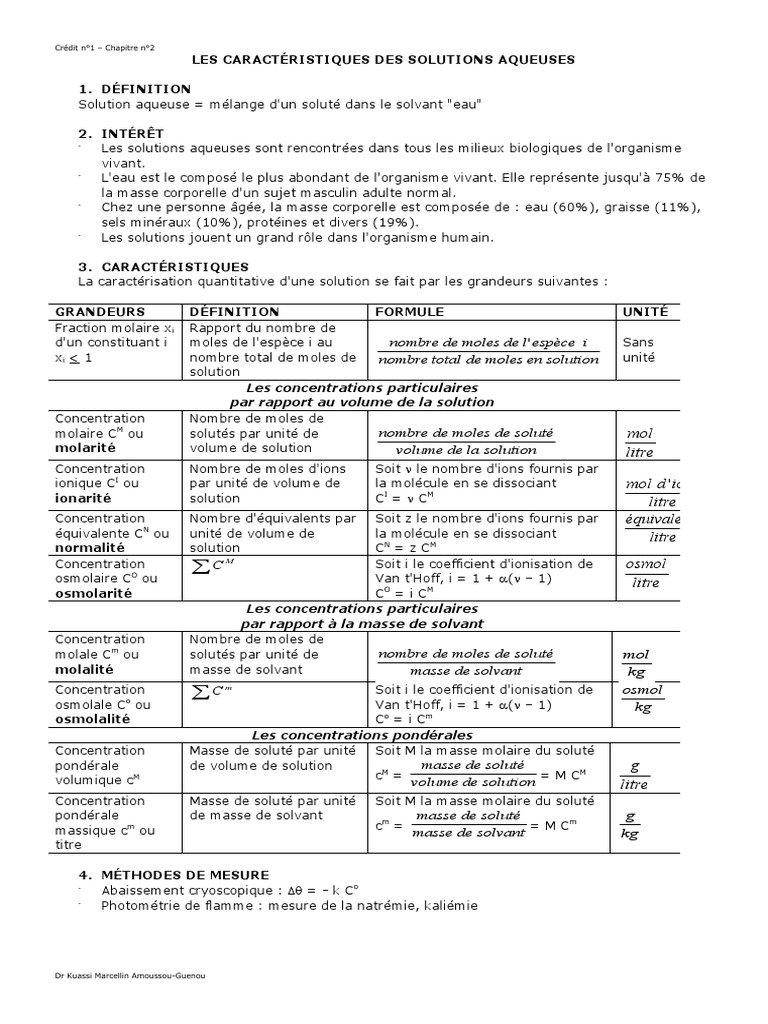 Caractéristiques des solutions aqueuses | PDF | Concentration molaire ...