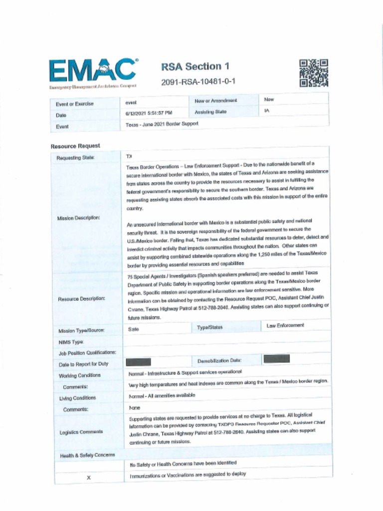 Redacted EMAC Contract - Texas Border June 2021 | PDF