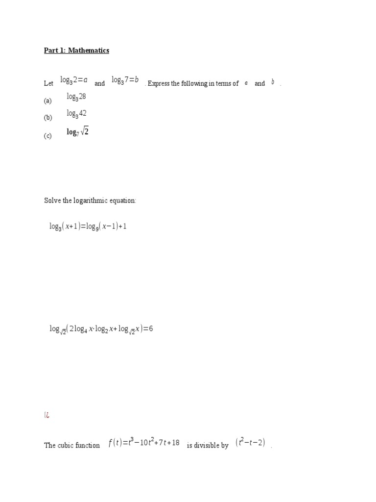 Log 2 A Log 7 B Log 28 Log 42 Part 1 Mathematics PDF Hydrochloric