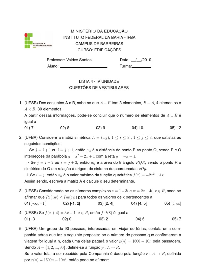 Lista de exercícios com questões de vestibulares sobre diversos tópicos ...