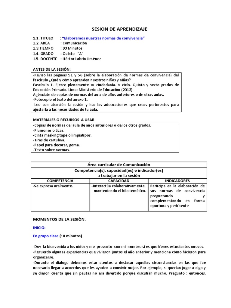 Normas de Convivencia para Quinto Grado | PDF | Salón de clases ...