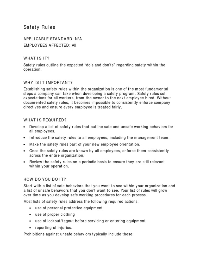 Safety Rules Applicable Standard N/A Employees Affected All What Is