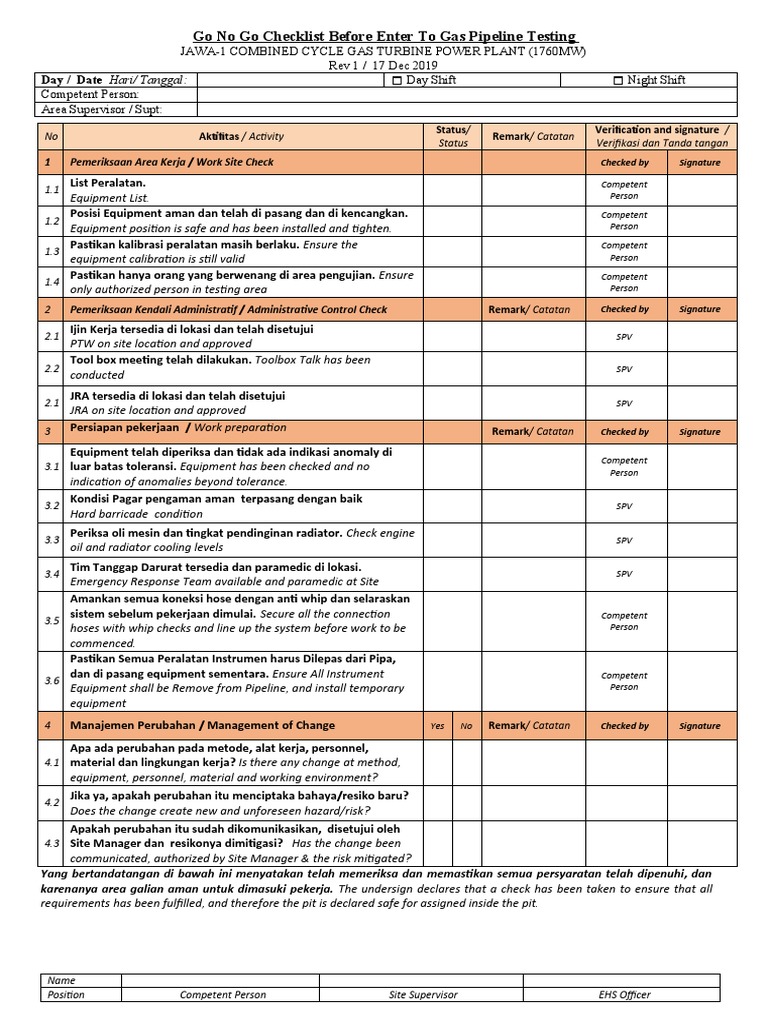 Go No Go Checklist Before Enter To Gas Pipeline Testing PDF Safety