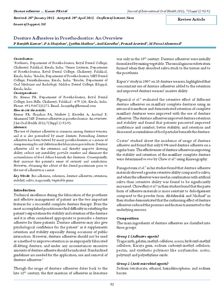 Denture Adhesives in Prosthodontics An Overview PDF Dentures Mouth
