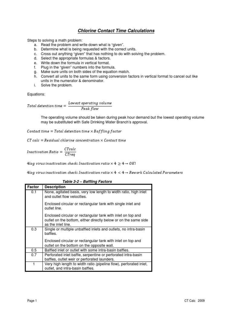 Chlorine Contact Time Calculations Factor Description PDF Chemical