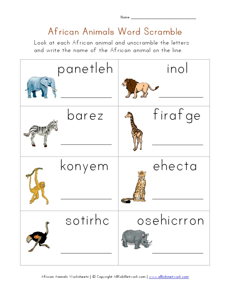 African Animals Word Scramble