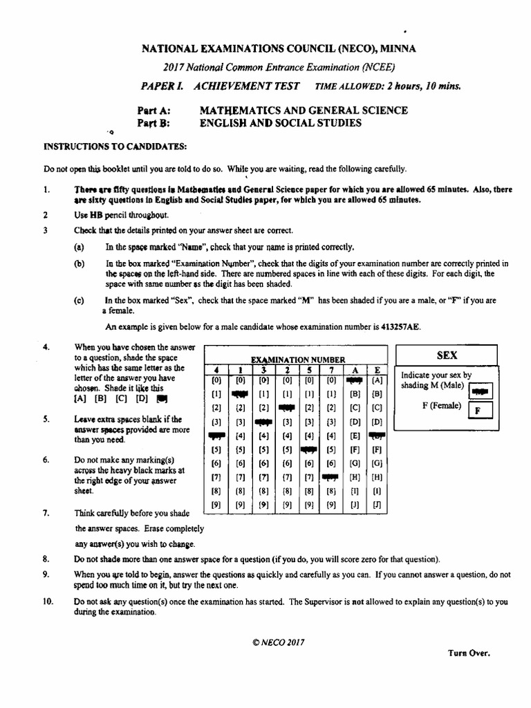 Free National Common Entrance Examination Past Questions and Answers