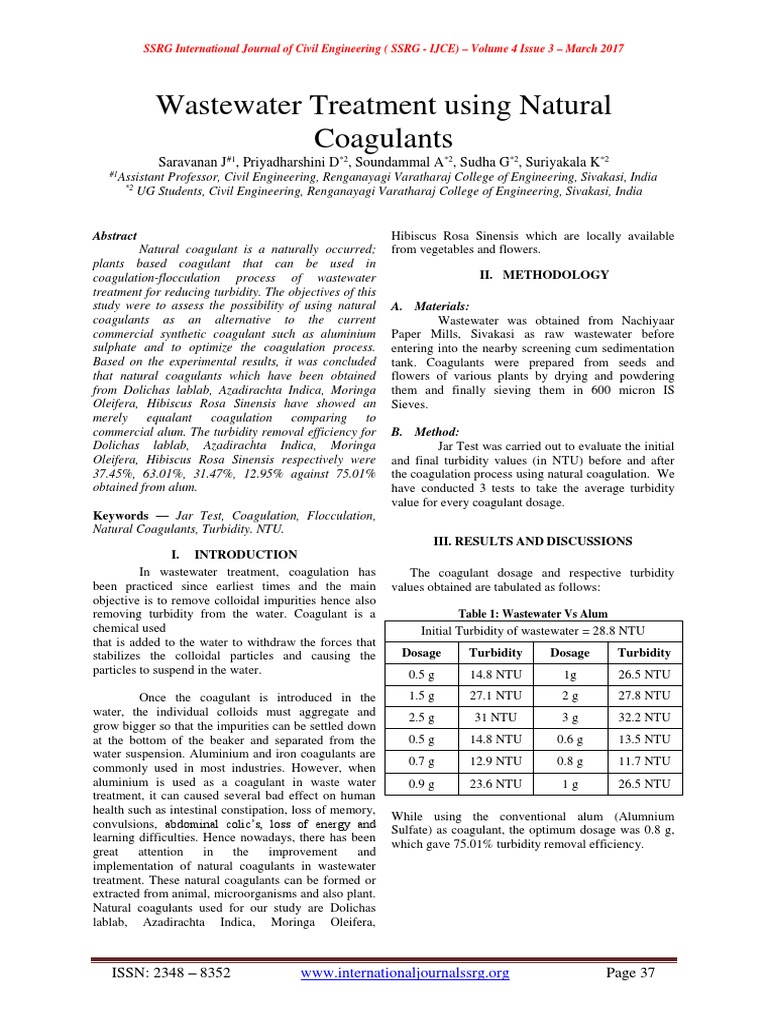 Wastewater Treatment Using Natural Coagulants Saravanan J