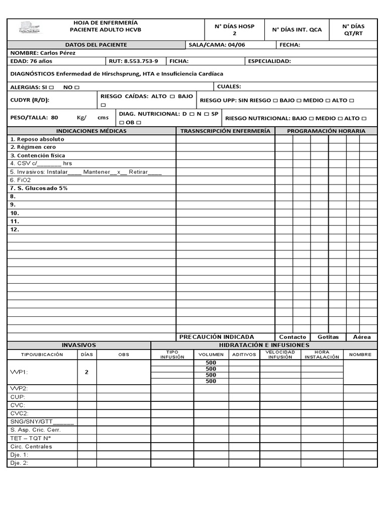 Hoja de Enfermería para Paciente HCVB | PDF | Especialidades Medicas ...