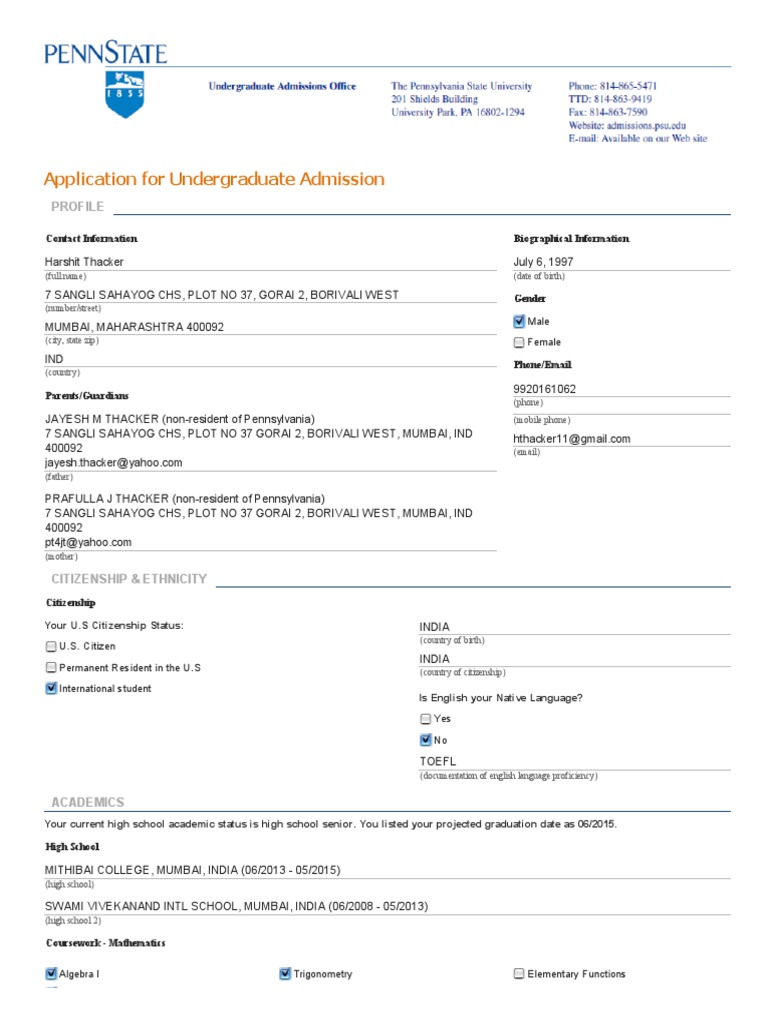 Undergraduate Admission Application | PDF | Academic Degree ...