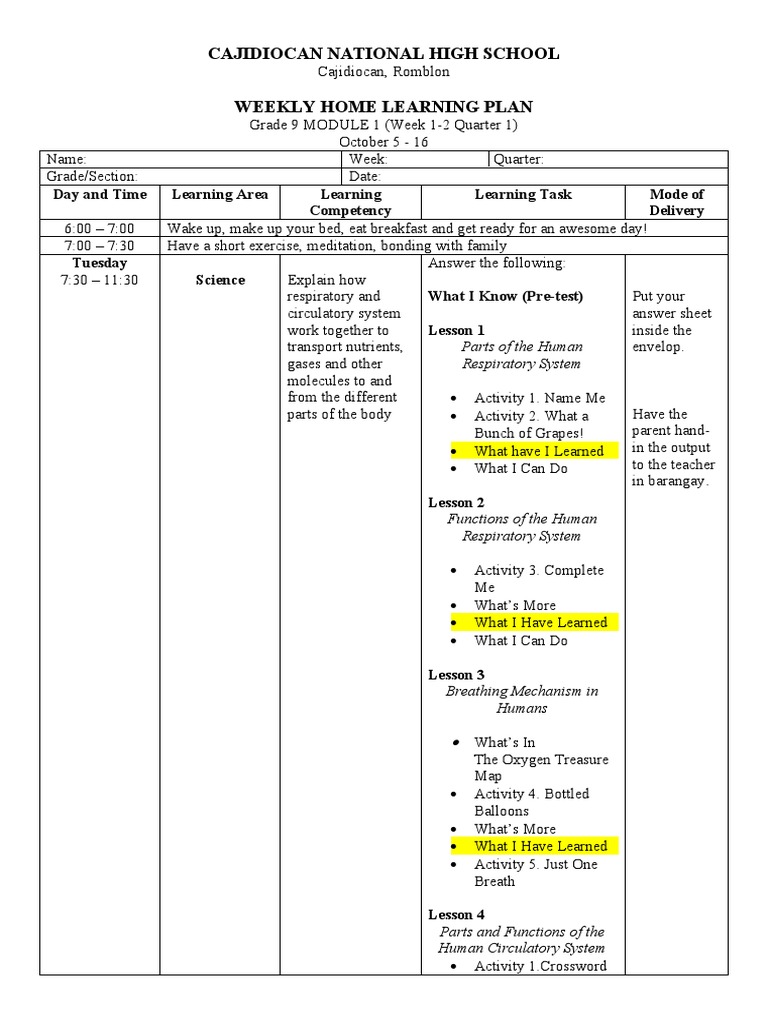Q1 - Weekly Home Learning Plan G-9 | PDF | Circulatory System ...
