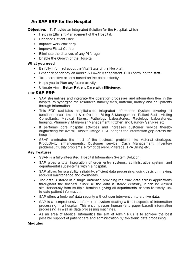 An SAP ERP For The Hospital: Objective | PDF | Hospital | Enterprise ...