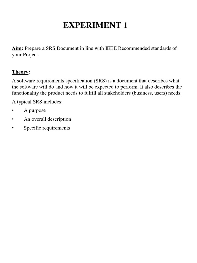 Experiment 1 aim prepare a srs document in line with ieee recommended
