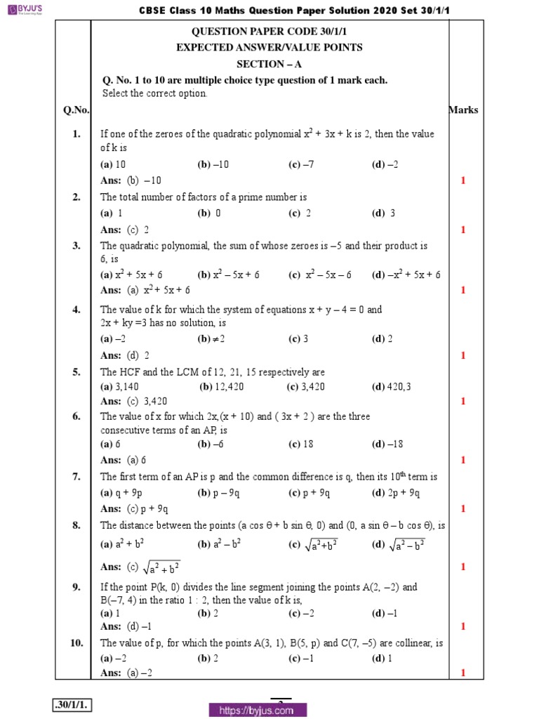 CBSE Class 10 Maths Question Paper 2020 | PDF | Circle | Polynomial