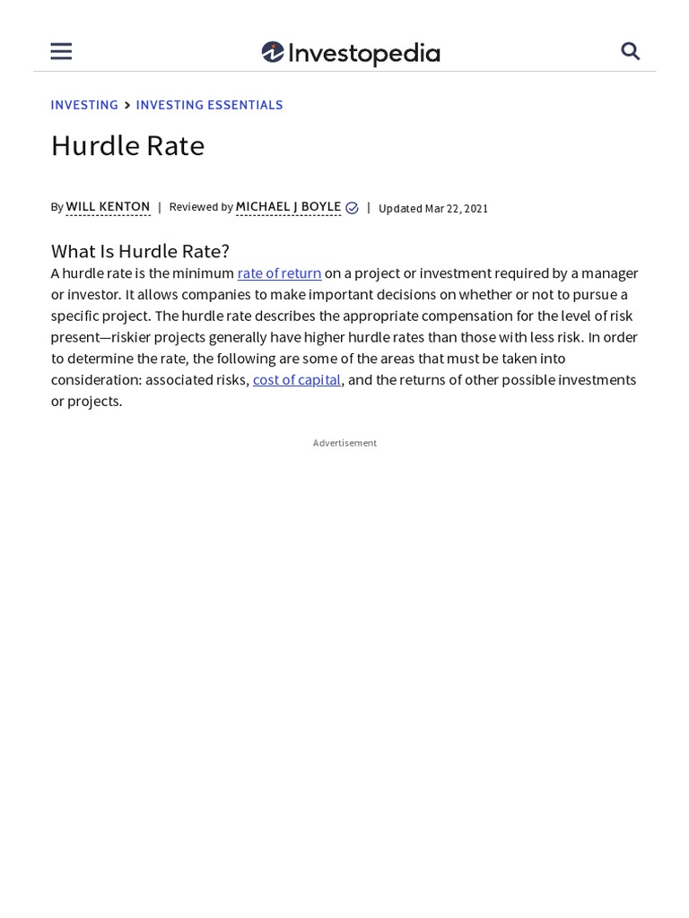 Hurdle Rate Definition PDF Net Present Value Internal Rate Of Return