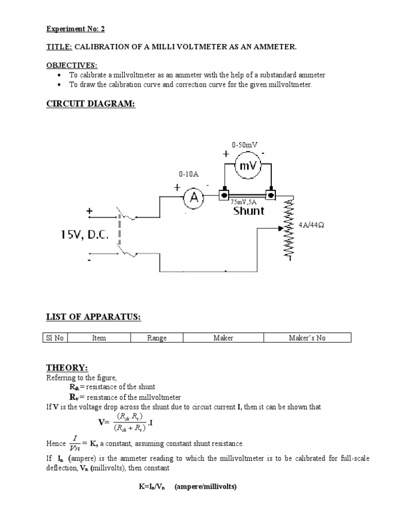 Circuit Diagram Experiment No 2 Title Calibration of A Milli