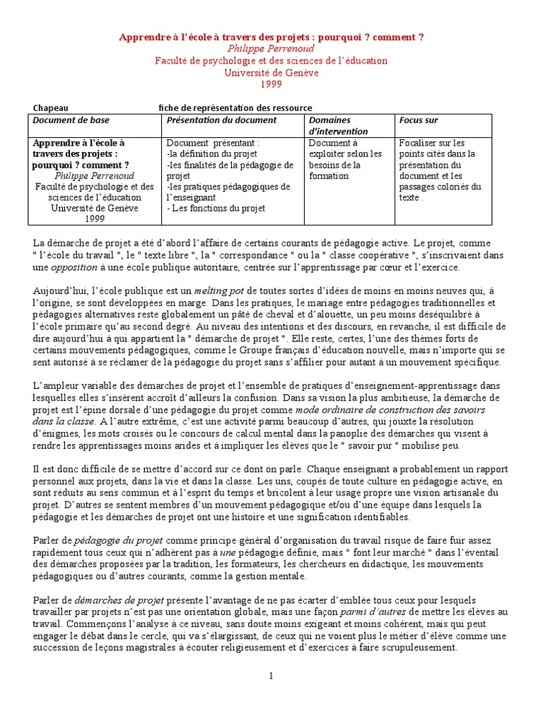 Le Projet Selon Perrenoud | PDF | Pédagogie | Intelligence collective