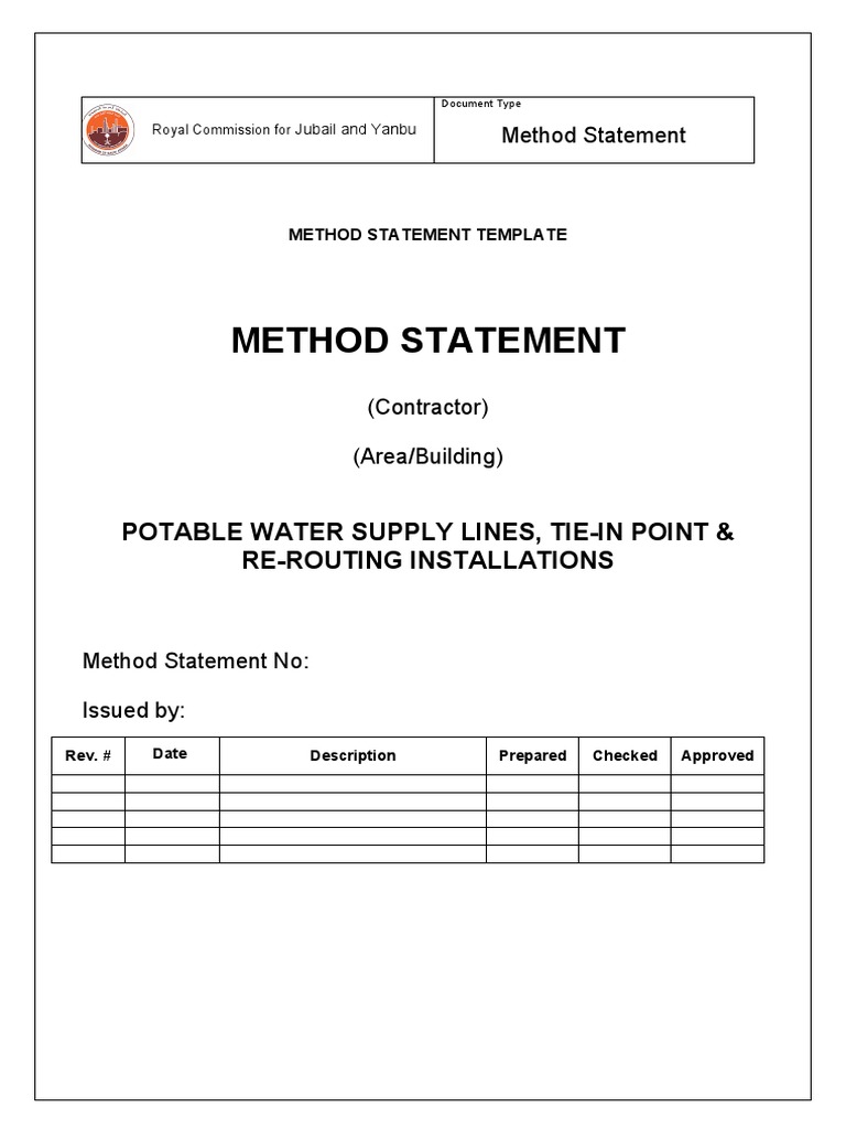 Method Statement Water Supply Line Tie in Point ReRouting PDF Pipe