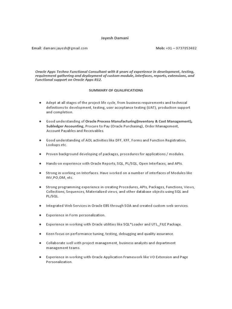 Oracle Apps Consultant Profile | PDF | Oracle Corporation | Mobile App