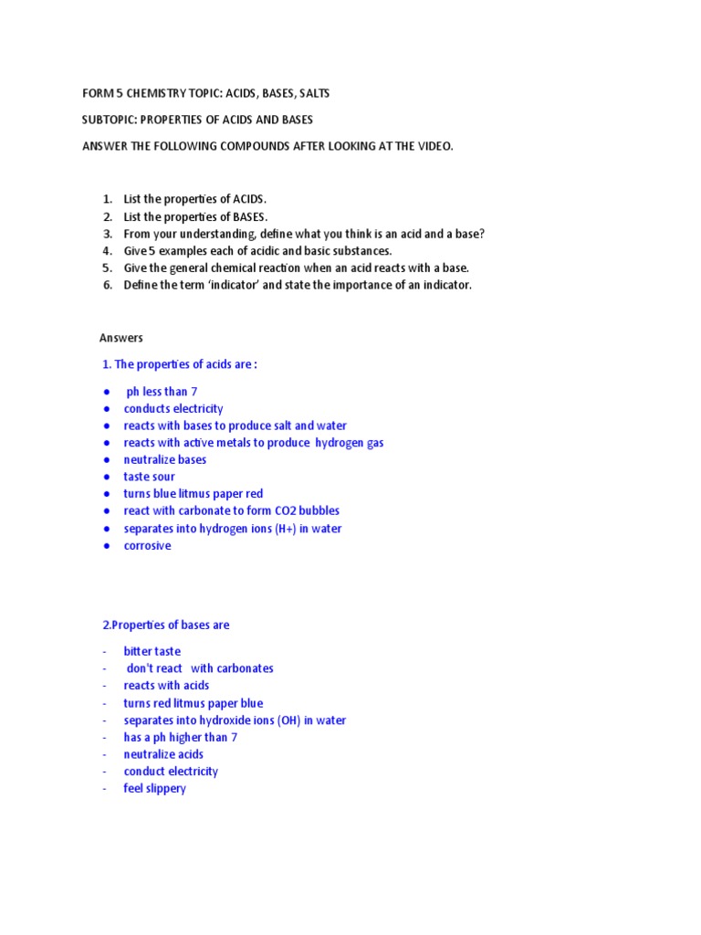 Properties of Acids and Bases Worksheet | PDF | Science & Mathematics