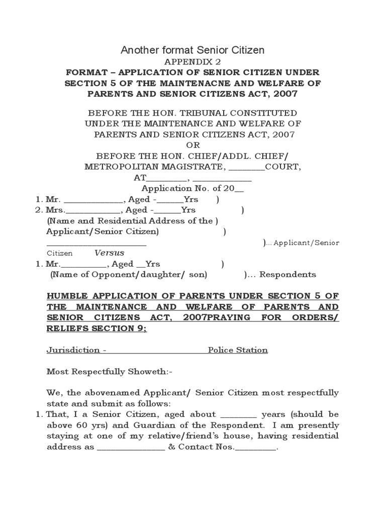 Senior Citizen Application Format 2007 | PDF | Advocate | Policy