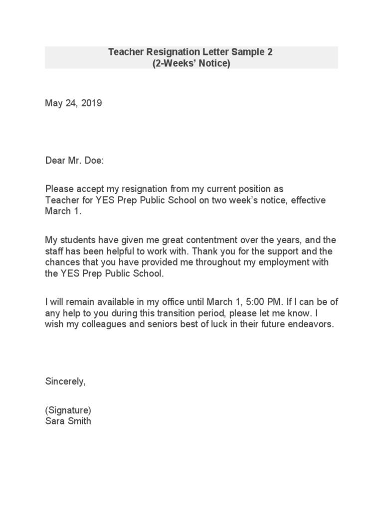 Teacher Resignation Letter 26 Pdf