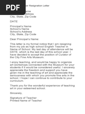 Teacher Resignation Letter 16 Pdf