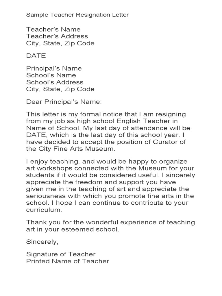 Teacher Resignation Letter 16 Pdf