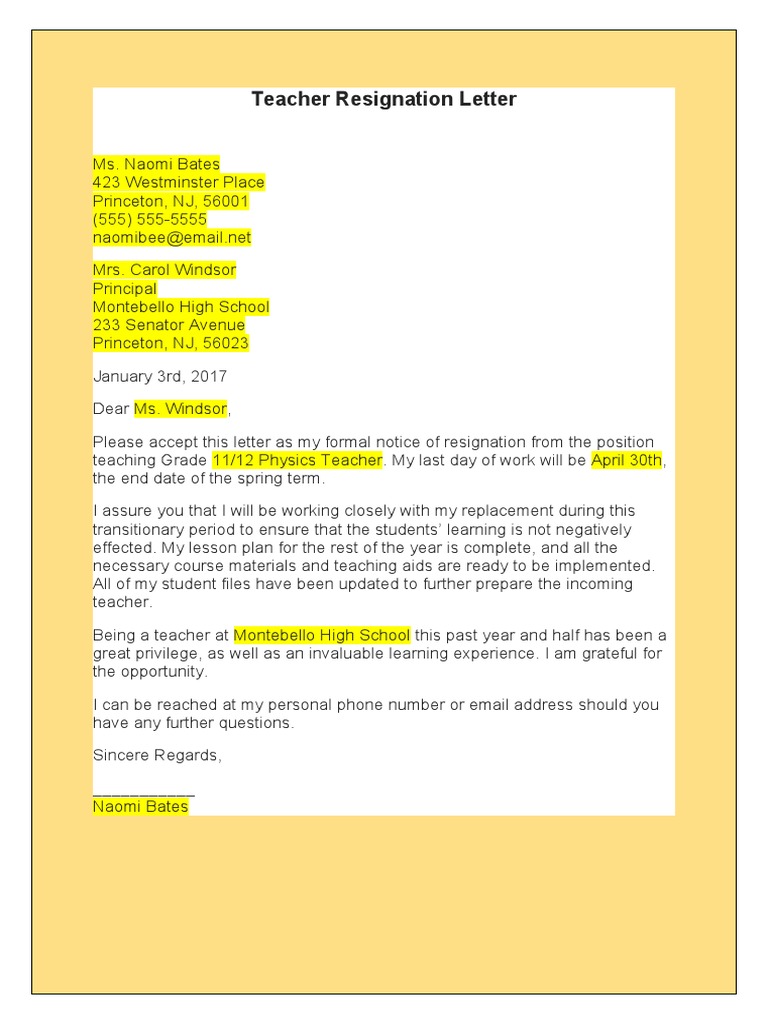 Teacher Resignation Letter 02 Pdf
