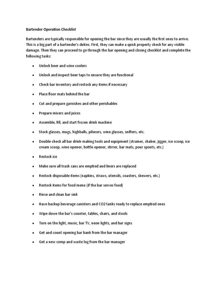 Bartender Opening Checklist Guide | PDF | Cocktails | Drink